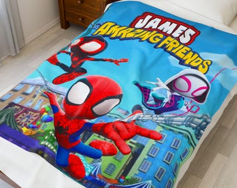 Personalized Spidey and Friends Velveteen Plush Blanket: Custom Superhero Gift