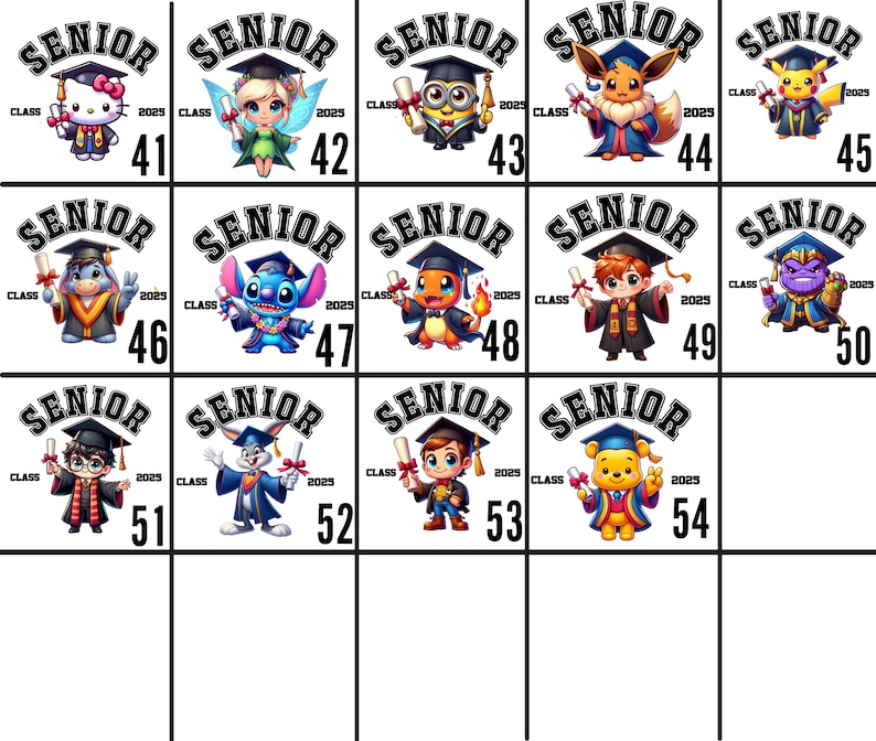 Puede incluir: Una cuadr&iacute;cula de catorce personajes de dibujos animados con birretes y togas de graduaci&oacute;n, cada uno sosteniendo un diploma. El texto SENIOR CLASS 2025 est&aacute; arqueado sobre cada personaje. Est&aacute;n numerados del 41 al 54 en la esquina inferior.
