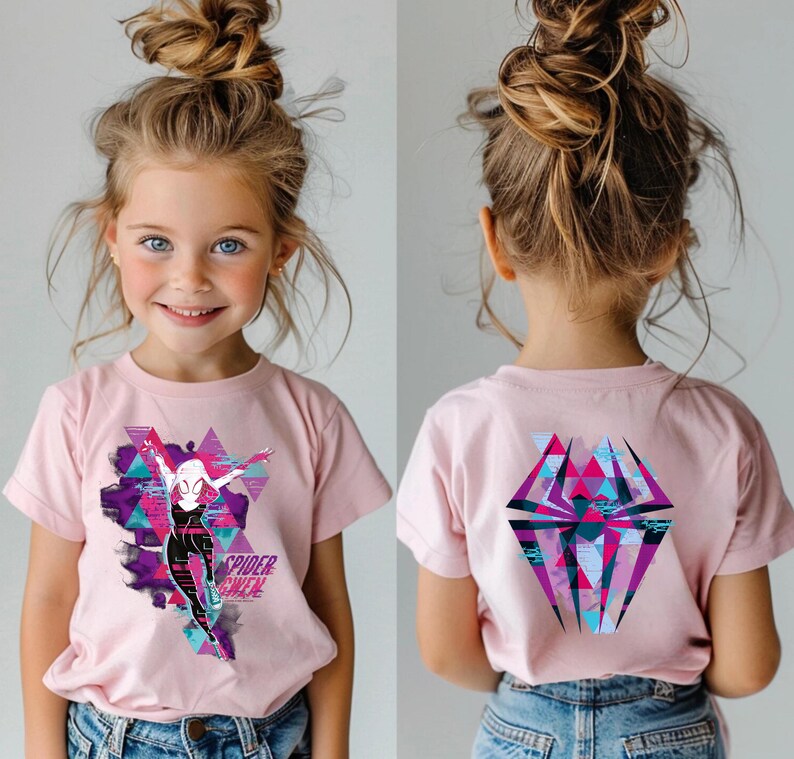 May include: Pink t-shirt featuring a graphic of Spider-Gwen in a dynamic pose, with a geometric background in shades of purple, teal, and white. The text "Spider Gwen" is printed below the character. The back of the shirt displays a geometric spider emblem.