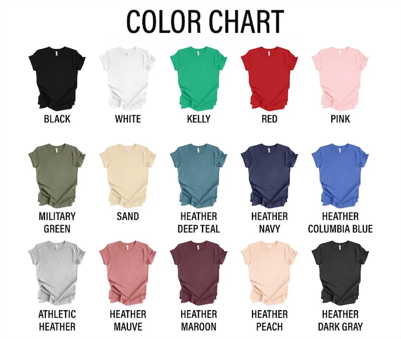 Puede incluir: Una carta de colores que muestra camisetas de color negro, blanco, rojo, rosa y verde. Otros colores incluyen verde militar, arena y tonos jaspeados como azul verdoso oscuro, marino y malva. El texto "COLOR CHART" est&aacute; en la parte superior.