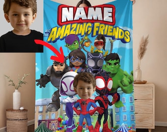 Personalized Spidey and Friends Velveteen Plush Blanket: Custom Photo, Name,Birthday Gift, Christmas Gift, Gift for Boy, Gift for Grandson