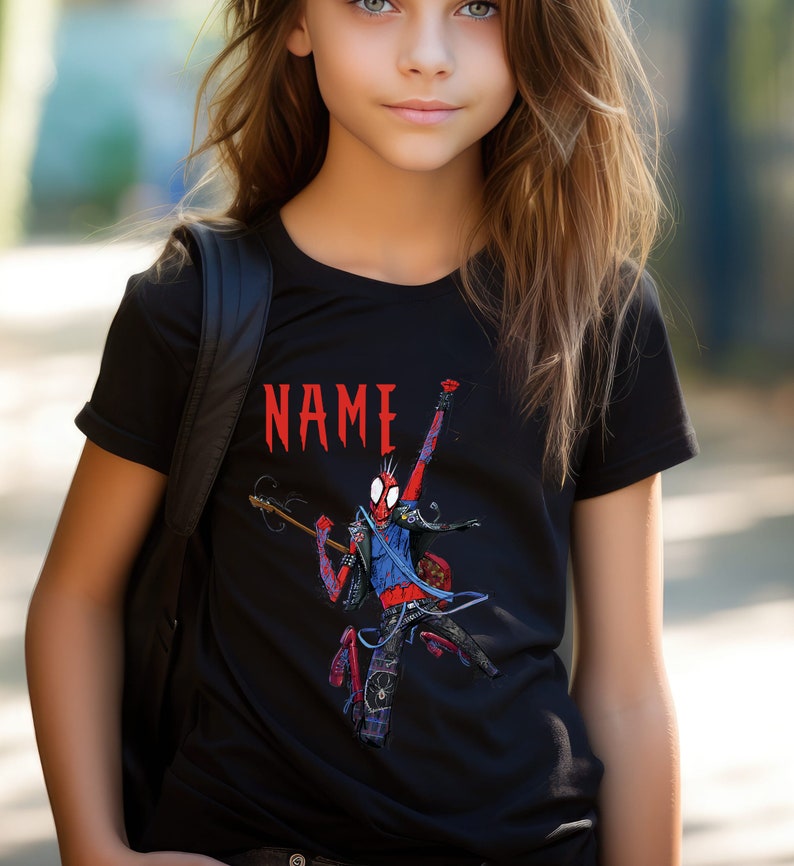 May include: Black t-shirt with a graphic of Spider-Man playing a guitar. The text "NAME" is printed above the graphic.