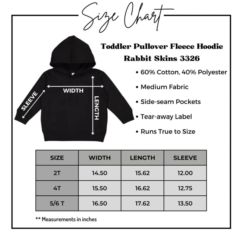 Puede incluir: Tabla de tallas para una sudadera con capucha de forro polar negra para ni&ntilde;os peque&ntilde;os. La tabla muestra las medidas en pulgadas para el ancho, la longitud y la longitud de la manga para las tallas 2T, 4T y 5/6T. La sudadera est&aacute; hecha de 60% algod&oacute;n y 40% poli&eacute;ster.