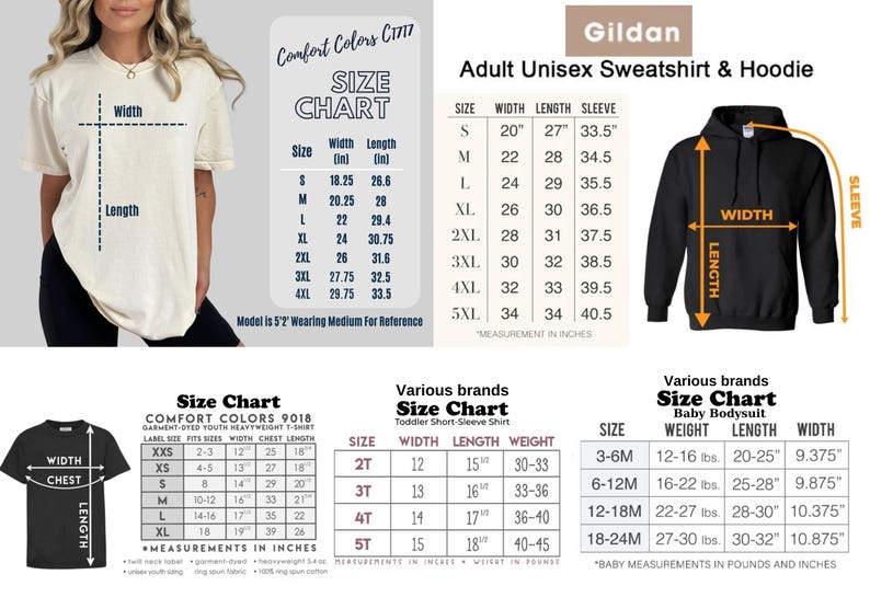 Puede incluir: Imagen con tablas de tallas de ropa de marcas como Comfort Colors y Gildan. Las medidas est&aacute;n en pulgadas para sudaderas, sudaderas con capucha, camisetas para ni&ntilde;os y bodies para beb&eacute;s. Tambi&eacute;n incluye tablas de tallas de bodies.