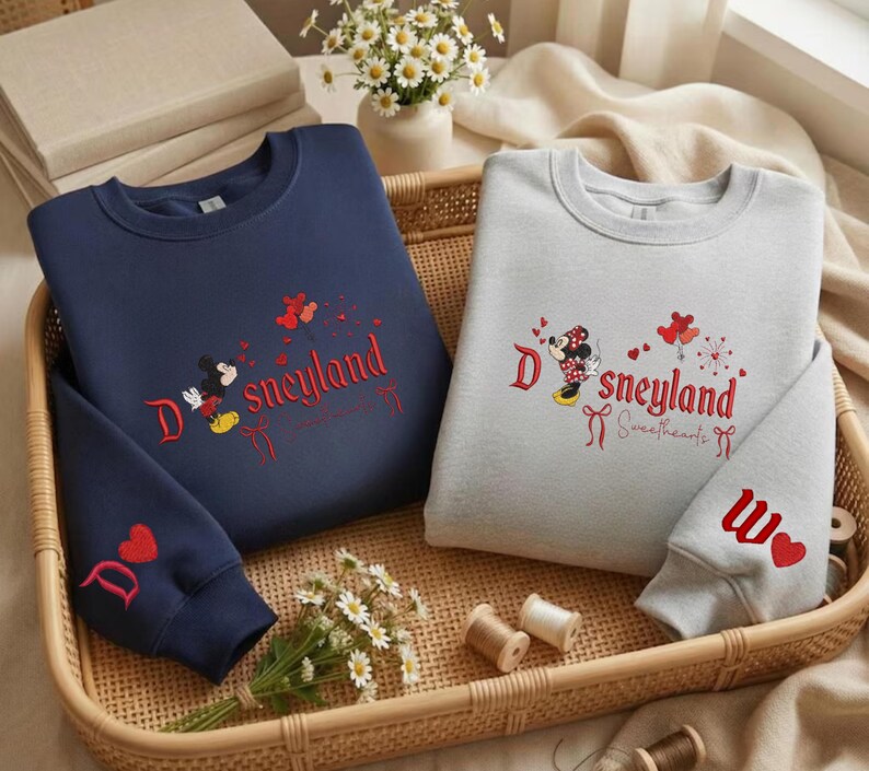 Embroidered Disneyland Minnie, Mickey Couple Sweatshirt, Hoodie, Tshirts Valentine Day Trip image 2