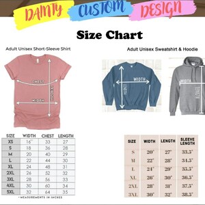 Puede incluir: Tabla de tallas para camisas de manga corta, sudaderas y sudaderas con capucha unisex para adultos. La tabla muestra las medidas en pulgadas para el ancho, el pecho, la longitud y la longitud de la manga. Las tallas van de XS a 5XL.
