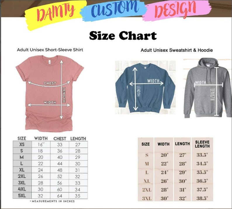 Puede incluir: Tabla de tallas para camisas de manga corta, sudaderas y sudaderas con capucha unisex para adultos. La tabla muestra las medidas en pulgadas para el ancho, el pecho, la longitud y la longitud de la manga. Las tallas van de XS a 5XL.