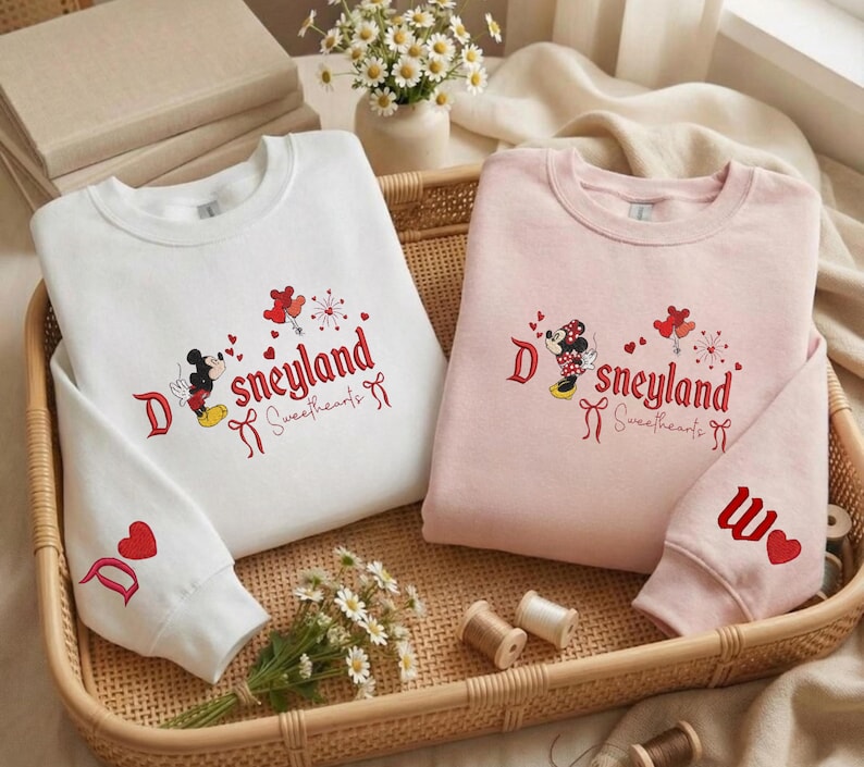 Embroidered Disneyland Minnie, Mickey Couple Sweatshirt, Hoodie, Tshirts Valentine Day Trip image 1