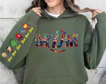 Custom Mom Superhero Sweatshirt with Kids Names on Sleeve, Personalized Mother's Day Gift, Superhero Mama Shirt, Custom Name Sleeve Pullover