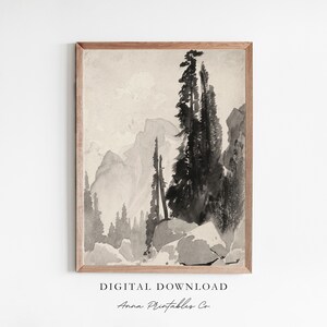 Halfkoepelscène | Antieke aquarel schilderij van Yosemite voor digitale download | Vintage natuurscène afdrukbare muurkunst | Liggende afdruk