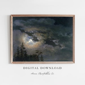 Op de afbeelding: Een digitale download van een schilderij dat een donkere, bewolkte nachthemel afbeeldt met een volle maan die door de wolken schijnt. Silhouetten van bomen zijn zichtbaar op de voorgrond. De tekst "DIGITAL DOWNLOAD" en "Anna Printables Co." is zichtbaar onderaan de afbeelding.