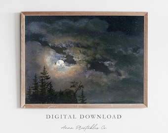May include: A digital download of a painting depicting a dark, cloudy night sky with a full moon shining through the clouds.  Silhouettes of trees are visible in the foreground.  The text "DIGITAL DOWNLOAD" and "Anna Printables Co." is visible at the bottom of the image.