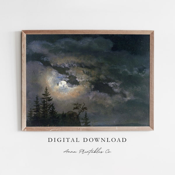 Moon over the Trees | Antique Night Sky Painting Digital Download | Gothic Printable Wall Art | Dark Academia Decor Prints | Landscape Art