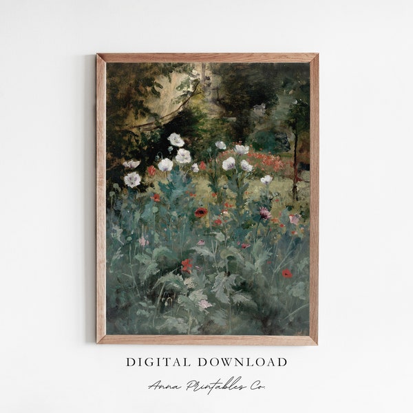 Flower Field Vintage Oil Painting Digital Download, Antique Flower Painting Printable Wall Art, Vintage Botanical Prints, Cottagecore Decor