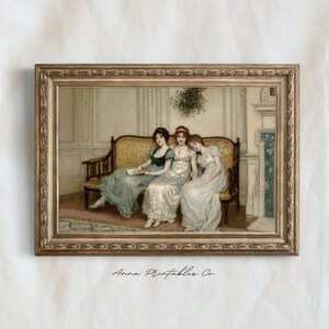 May include: A framed painting of three women in elegant dresses sitting on a sofa. The women are smiling and appear to be enjoying each other's company. The painting is set in a room with a fireplace and a window. The painting is framed in a gold frame.