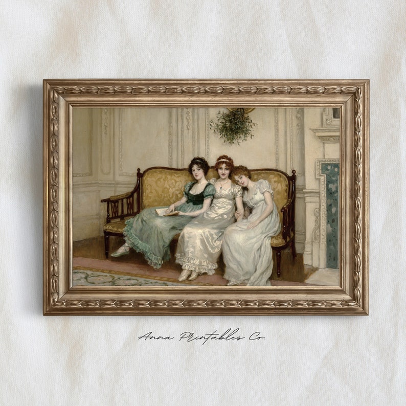 May include: A framed painting of three women in elegant dresses sitting on a sofa. The women are smiling and appear to be enjoying each other's company. The painting is set in a room with a fireplace and a window. The painting is framed in a gold frame.
