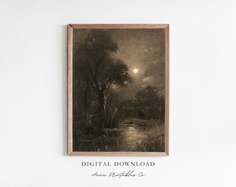 Pond in the Moonlight | Antique Nighttime Landscape Painting for Digital Download | Dark Academia Decor Printable Wall Art | Moody Art Print