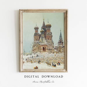 May include: A vintage painting of a snow-covered church with a red roof and multiple towers. The church is surrounded by a snowy landscape with people walking in the foreground.