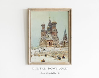 Vintage Church of Saint Basil in Winter Painting DIGITAL DOWNLOAD | Russian Architecture Printable Wall Art | Holiday Christmas Art Print