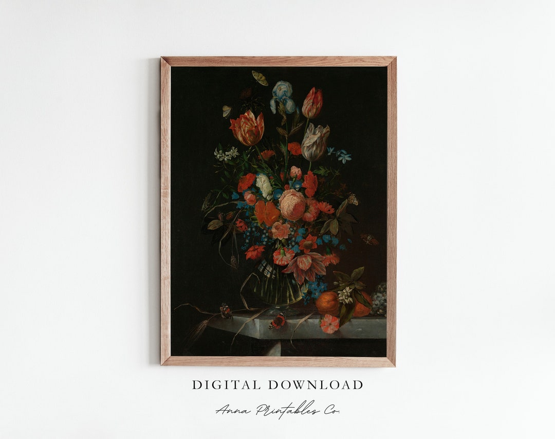 Dark Academia Decor, Moody Vintage Flower Print, Dark Floral Wall Art ...