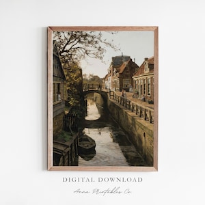 Canal Bridge | Antique Oil Painting of a German Town with a Canal for Digital Download | European Village Printable Wall Art | Cityscape Art