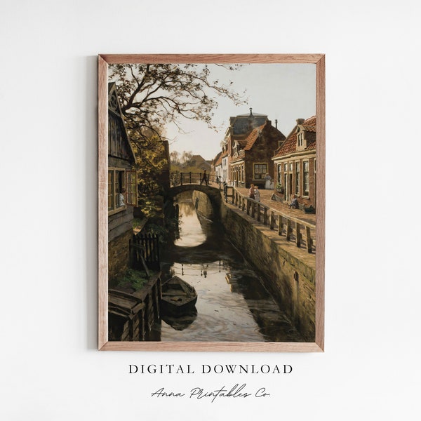 Canal Bridge | Antique Oil Painting of a German Town with a Canal for Digital Download | European Village Printable Wall Art | Cityscape Art