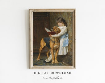 Vintage Girl Reading with Dog Portrait Painting DIGITAL DOWNLOAD | Antique Animal Printable Wall Art | Victorian Aesthetic Home Decor