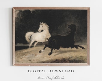 Horses in a Thunderstorm | Antique Equestrian Painting for Digital Download | Dark Academia Printable Wall Art | Moody Animal Artwork Decor