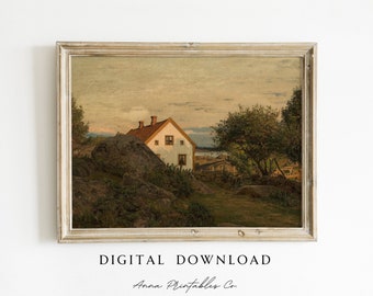 Vintage Bauernhaus bei Sonnenuntergang Gemälde DIGITAL DOWNLOAD | Antike Landschaft druckbare Kunst | Landhaus Wohndeko Fine Art Print