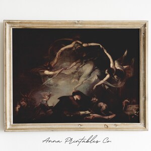 May include: A framed painting depicting a scene with multiple figures. The figures are in a dark, shadowy setting and appear to be in a state of flight or ascension. The painting is in a rustic wooden frame.