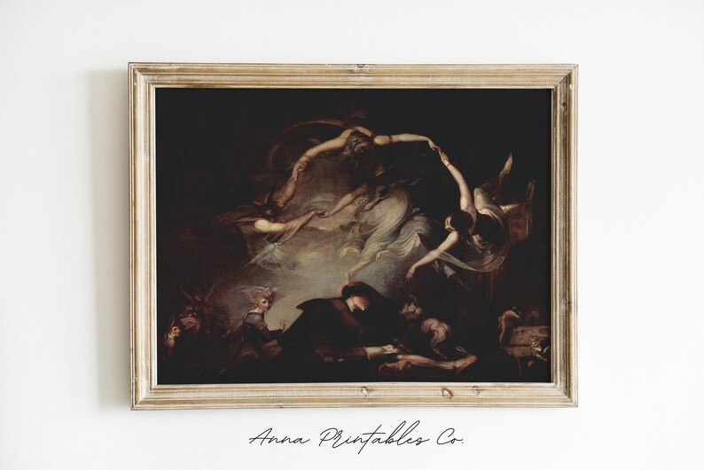 May include: A framed painting depicting a scene with multiple figures. The figures are in a dark, shadowy setting and appear to be in a state of flight or ascension. The painting is in a rustic wooden frame.