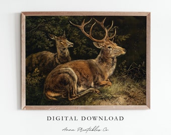 Pintura de rena antiga DOWNLOAD DIGITAL | Arte de parede para impressão de Natal vintage | Impressão escuro das belas artes de Cottagecore de <br> Entrega Rápida? Arte animal temperamental