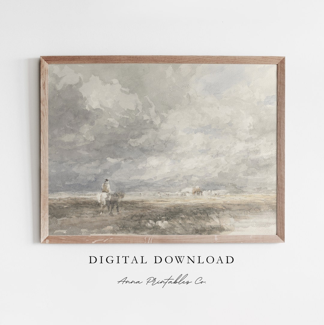 On the Ranch Antique Watercolor Painting of a Man on Horseback on a ...