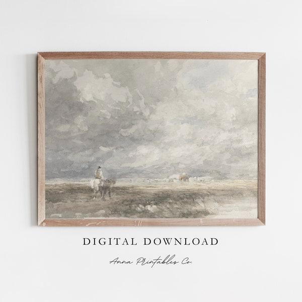 On the Ranch | Antique Watercolor Painting of a Man on Horseback on a Cloudy Day | Vintage Farmhouse Printable Wall Art | Fine Art Print