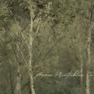 May include: A painting of a forest with tall trees and a green and brown color scheme. The text "Anna Printables Co." is visible in the bottom right corner of the image.
