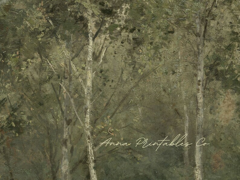 May include: A painting of a forest with tall trees and a green and brown color scheme. The text "Anna Printables Co." is visible in the bottom right corner of the image.