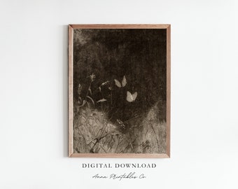 May include: Sepia-toned framed print featuring a field of tall grass and wildflowers with two butterflies. The artwork has a vintage aesthetic. The text "DIGITAL DOWNLOAD" and "Anna Printables Co." are at the bottom.