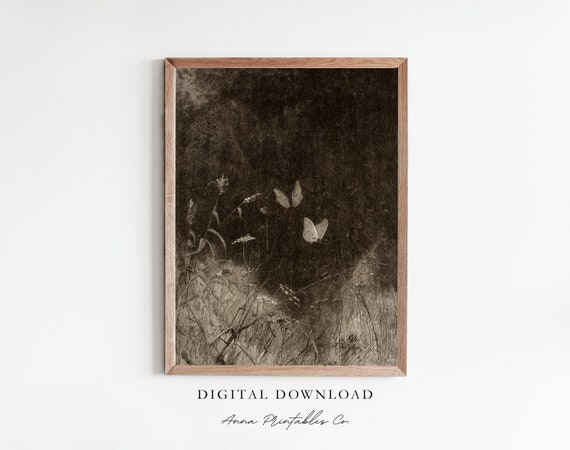 Butterfly Pair | Dark Vintage Art Print for Digital Download | Dark Academia Printable Wall Art | Forest Scene Illustration | Gothic Decor