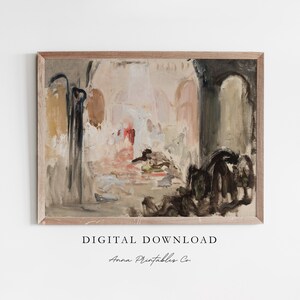 Könnte beinhalten: Ein digitaler Download eines Gemäldes, das eine Szene in einem hellrosa, beige und weißen Farbschema darstellt. Das Gemälde zeigt eine große, gewölbte Tür mit einem dunkelgrauen Innenraum. Die Szene ist gefüllt mit abstrakten Formen und Pinselstrichen, die ein Gefühl von Tiefe und Bewegung erzeugen.