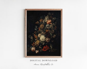 Dark Academia Antique Oil Painting Wall Art, Moody Floral Printable Wall Art, Dark Cottagecore Prints, Dark Flower Digital Prints, Moody Art