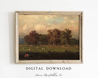 DIGITAL DOWNLOAD | Vintage Fall Landscape Painting Printable Wall Art | Moody Autumn Fine Art Print |  19th Century Wall Decor | Farmhouse