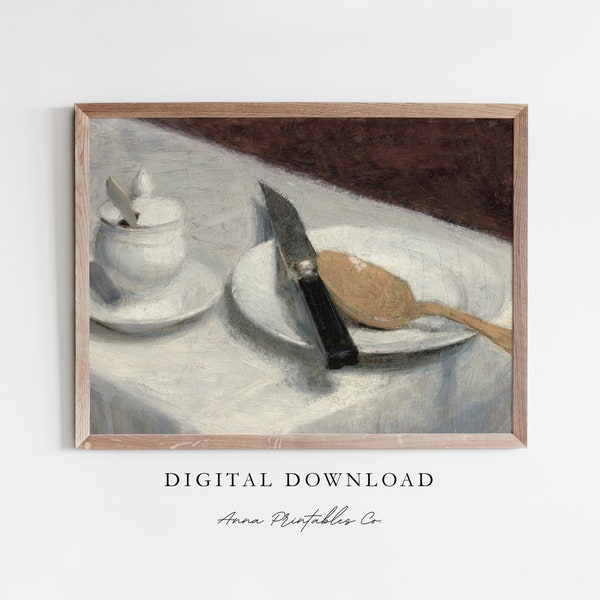 Knife and Spoon | Antique Dining Table Still Life Painting for Digital Download | Vintage Kitchen Printable Wall Art | Moody Fine Art Print