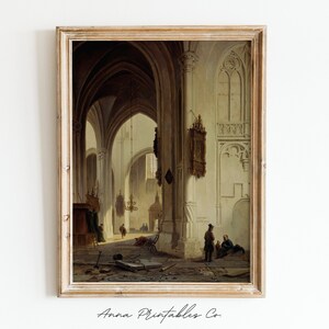 May include: A painting of the interior of a church with high vaulted ceilings and stone pillars. The church is empty except for a few people in the distance. The painting is framed in a wooden frame.
