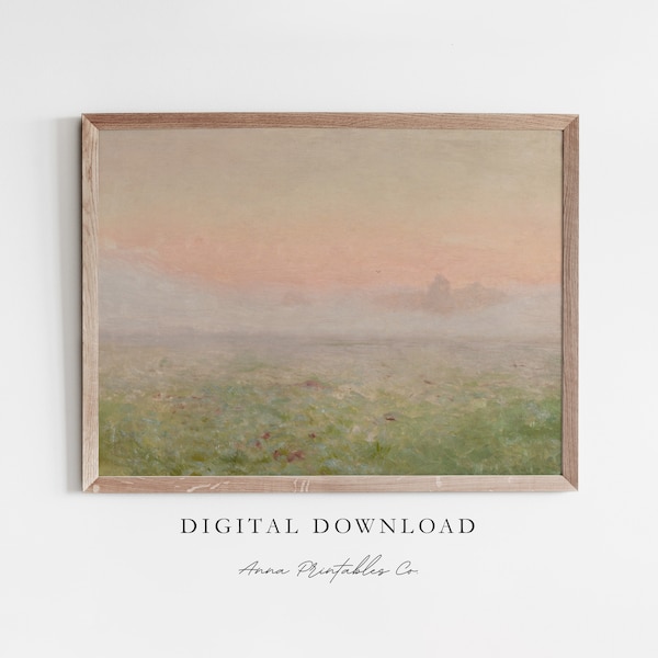 Lever de soleil rose brumeux | Lever de soleil antique sur la peinture de prairie pour téléchargement numérique | vintage Paysage Imprimable Wall Art | Décor de tirages d’art