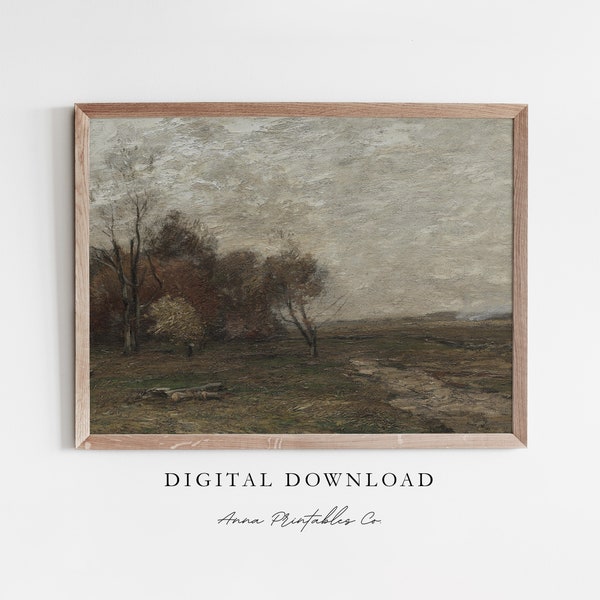 Hazy Gray Day | Antique Moody Landscape Painting for Digital Download | Muted Neutral Tone Printable Wall Art | Farmhouse Decor Art Print