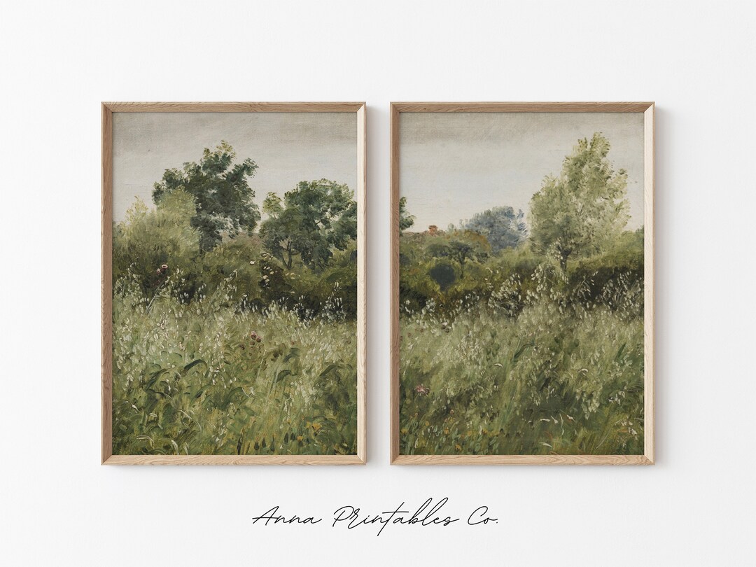 Antique Green Meadow Painting Set of 2 for DIGITAL DOWNLOAD | Antique ...