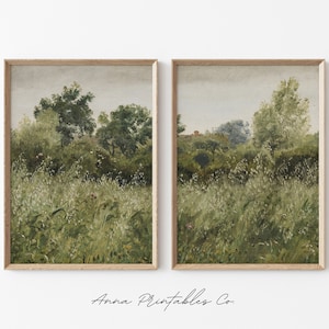Antique Green Meadow Painting Set of 2 for DIGITAL DOWNLOAD | Antique Dual Panel Printable Wall Art | Cottagecore Decor | Fine Art Print