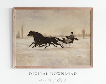 Pintura antiga de trenó de inverno DOWNLOAD DIGITAL | Arte de parede para impressão de Natal vintage | Arte Vitoriana | Impressão de belas artes do século XIX