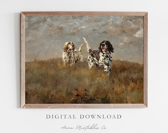 May include: A vintage painting of two hunting dogs in a field. The dogs are brown and white with black spots. The painting is set against a cloudy sky.