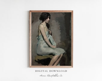 After the Bath | Antique Portrait Painting of a Woman for Digital Download | Vintage Bathroom Printable Wall Art | Moody Fine Art Print